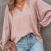 Pink Pleated Balloon Sleeve Drawstring V-Neck Blouse