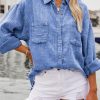 Sky Blue Mineral Wash Crinkle Textured Chest Pockets Shirt