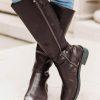 Brown Buckle Decor Leather Zipper Round Toe Boots