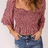 Pink Square Neck Puff Sleeve Floral Smocked Top