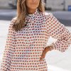 Multicolor Geometric Print Tie Puff Sleeve Blouse