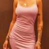 Pink Ribbed Knit Spaghetti Straps Bodycon Mini Dress