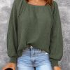 Green Scoop Neck Puff Sleeve Waffle Knit Top