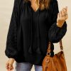 Black Leopard Mesh Bubble Sleeve Split Neck Blouse