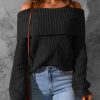 Black Ribbed Knit Foldover Off Shoulder Sweater