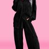 Black Pleated Long Sleeve Shirt And Wide-Leg Pants Set