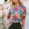 Pink Floral Print Bracelet Sleeve Blouse