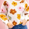 Bright White Plus Size Flower Pattern Ribbed Trim Casual Sweater