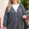 Gray Plus Size Waffle Knit Patchwork Washed Hooded Jacket