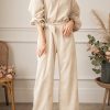 Women's Elegant Apricot Keyhole Back V Neck Tie Waist Loose Jumpsuit