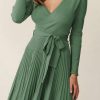 Green Belted V Neck Ribbed Pleated Sweater Dress