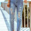 Sky Blue Distressed Slits Straight Jeans