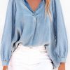 Sky Blue Split V-Neck Balloon Sleeve Ruched Denim Top