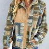 Khaki Western Colorblock Snap Buttoned Sherpa Jacket