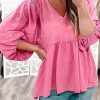 Pink Frilled V Neck Puff Sleeve Babydoll Blouse