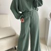 Green Crinkle Split Neck Top Loose Drawstring Pants Set