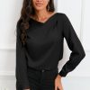 Black Solid Asymmetric V Neck Long Sleeve Satin Blouse