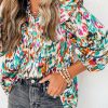 Multicolor Abstract Print 3/4 Puff Sleeve Ruffle Blouse