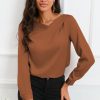 Brown Solid Asymmetric V Neck Long Sleeve Satin Blouse