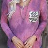 Rose Tie Dye Leopard Patchwork Pocket V Neck Top