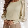 Khaki Buttoned Cuffs Shiny Puff Sleeves Top