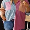 Pink Color Block Chest Pockets Plus Size Shirt