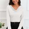 White Cowl Neck Long Sleeve Elegant Blouse