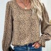 Leopard Print Ruffle Puff Sleeves Crew Neck Blouse