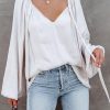 Women's Elegant White Tie V Neck Pleated Puff Sleeve Satin Blouse