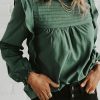 Green Solid Color Stand Neck Ruffled Puff Sleeve Blouse