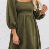 Pickle Green Suede Square Neck Puff Sleeve Dress