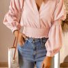 Pink Bubble Sleeve Smocked Crop Top