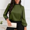 Green Color Block Bow Back Mock Neck Blouse