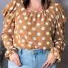 Khaki Plus Size Polka Dot Ruched Neckline Puff Sleeve Blouse