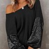 Black Sequin Patchwork Sleeve Open Back Waffle Knit Top