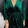 Green V-Neck Bracelet Sleeve Drawstring Ruffled Velvet Dress