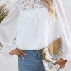 Women's Elegant White Lace Patch Sheer Flounce Sleeve Blouse