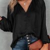 Black Pleated Balloon Sleeve Drawstring V-Neck Blouse