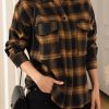 Brown Plaid Pattern Flap Pockets Csual Shirt