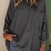 Dark Gray Ribbed Roll-tab Sleeve Chest Pocket Oversize Top