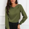 Green Solid Asymmetric V Neck Long Sleeve Satin Blouse