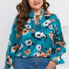 Women's Stylish Sky Blue Floral Print Plus Size V Neck Blouse