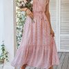 Pink Leopard Surplice Ruffled Sleeve Tiered Long Dress