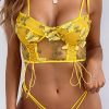 Yellow 2pcs Butterfly Embroidered Sheer Lingerie Set