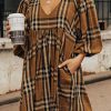 Effortlessly Elegant: Brown Plaid Babydoll Dress With Lantern Sleeves