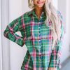 Green Plaid Long Sleeve Button Down Split Shirt