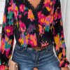 Black Abstract Printed Flounce Sleeve Lace V-Neck Blouse