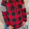 Red Plus Size Plaid Striped Patch Sleeve Hoodie