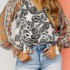 Bright White Abstract Print Flounce Sleeve Tasseled V Neck Blouse