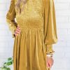 Mustard Frilled Neck Smocked Bodice Velvet Dress